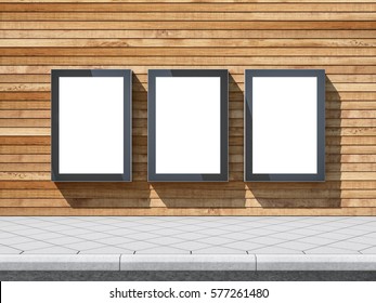 Three Empty Lightboxes Mockup On The Wooden Wall, Advertising Billboard, 3d Rendering