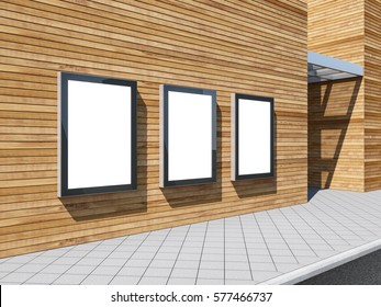 Three Empty Lightboxes Mockup On The Wooden Wall Of Shopping Mall, Advertising Billboard, 3d Rendering