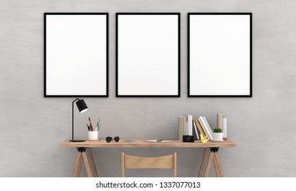 Three Empty Photo Frame For Mockup On Wall, 3D Rendering