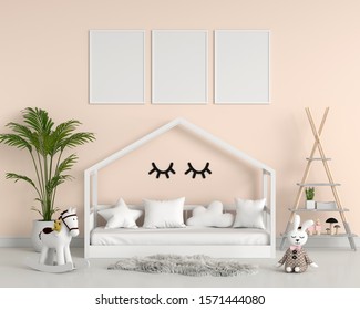 Three Empty Photo Frame For Mockup In Child Bedroom, 3D Rendering