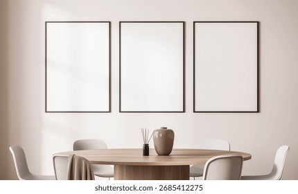Three empty poster frames on a clean wall above a round wooden table with white chairs and decor, in a bright modern interior room. 3D Rendering