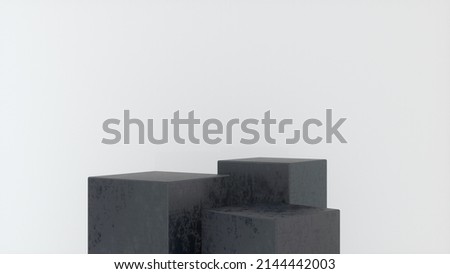 Three empty Rough black stands and abstract white geometry background. Podium, pedestal, platform for cosmetic product presentation, showcase. Minimalist mock up scene, concept template. 3d render