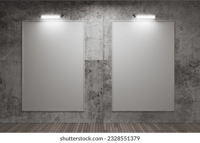 Three empty wooden frames for a photo or picture on a concrete wall. Models of paintings, posters, photographs on a cement wall. Design template for layout. 3D rendering.