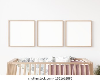 Three Empty Wooden Square Picture Frames Hanging On White Wall Above Cot In Kids Room. 3D Illustration.