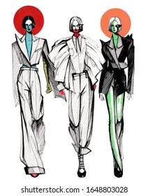 Three Fashion Figurines Avantgarde Outfits Walking Stock Illustration ...