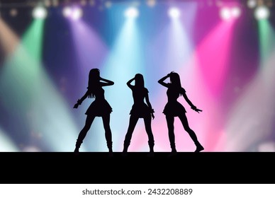 Three female idols on stage and colorful spotlights - Powered by Shutterstock