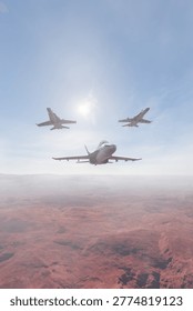 Three fighter jets in tight flight formation over a red desert beneath a bright sky, dramatic military scene, 3d Rendering.