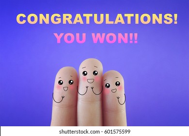 Three Fingers Decorated As Three Happy Person With Surprise And Excited Facial Expression. Suitable To Be Used For Anything About Surprise. Congratulations! You Won!