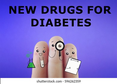 Three fingers decorated as three person doing research.  New drugs for diabetes. - Powered by Shutterstock