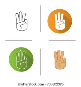 Three Fingers Up Icon. Flat Design, Linear And Color Styles. Scout Promise Sign. Isolated Raster Illustrations