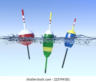 Three Fishing Bobbers On Water Surface