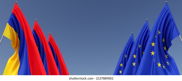 Three Flags Of The European Union And Armenia On Flagpoles On The Sides. Flags On A Blue Background. Place For Text. EU, Europe. Yerevan. Caucasus. Commonwealth. 3D Illustration.