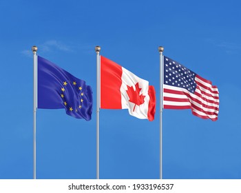 Three flags. USA (United States of America), EU (European Union) and Canada. 3D illustration.