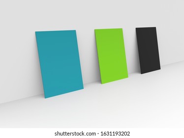 three flyers with reflections leaning against a wall. 3d illustration