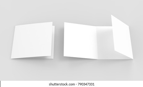 Three Fold - Trifold Square Brochure Mock Up Isolated On Soft Gray Background. 3d Illustrating