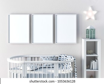 Three Frame Mockup With Oval Crib For Newborn 3d Rendering