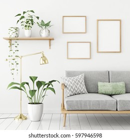Three Frames Poster Mock Up In Scandinavian Livingroom Interior With Sofa And Green Plants. 3d Rendering.