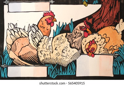 Three French Hens Linocut Illustration