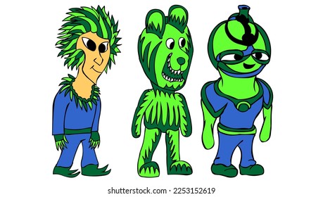 Three full body character designs  including green bear