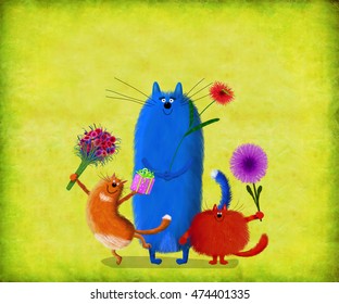 Three funny colorful cats holding presents and flowers standing on the lemon yellow background. 