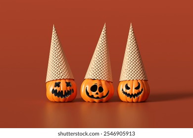 Three funny halloween pumpkins wearing ice cream cones as hats stand on an orange background. 3D render - Powered by Shutterstock