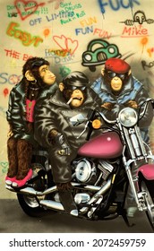 Three Funny Monkeys In Front Of A Graffiti Wall. The Smoking Monkey Boss And A Monkey Girl Wearing Leather Clothes Are Sitting On A Classic Motorcycle. Colorful Airbrush And Mixed Media Illustration. 