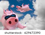 Three funny sky diving flying piggies 3d illustration