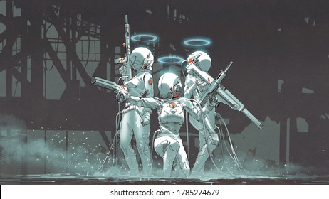 three futuristic female soldiers with hi-tech weapons to prepare to fight, digital art style, illustration painting