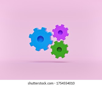 Three gear wheels isolated on pastel background. minimal concept. 3d rendering