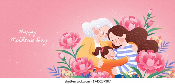 Three generations all together celebrating happy mother's day with arms holding each others and be surrounded by carnation flowers - Shutterstock ID 1945207387