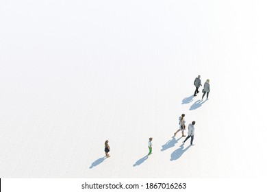 Three Generations Caucasian Family Walking, High Angle View, Isolated Against White, Unrecognizable. 3d Rendering.