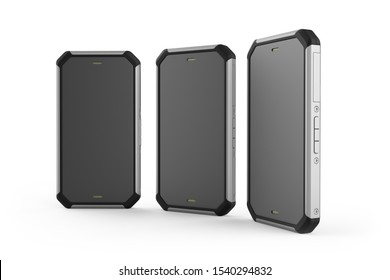 Three Generic Photo Realistic Rugged Smartphone Models With Black Blank Display, Isolated 3D Illustration On The White Background.