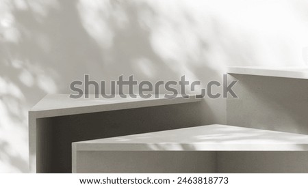 Three geometric shape table podium in dappled light sunlight on white wall for luxury cosmetic, skincare, beauty, body, hair care, treatment, fashion product display background 3D