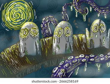 Three ghostly figures stand on a wooden bridge beneath a swirling moon. Slimy purple tentacles creep in. The scene feels like a dark dream—mysterious, eerie, and strangely enchanting all at once.