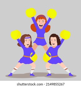 Three Girl Cheerleaders In A Pyramid, Holding Yellow Pompoms And Cheering.