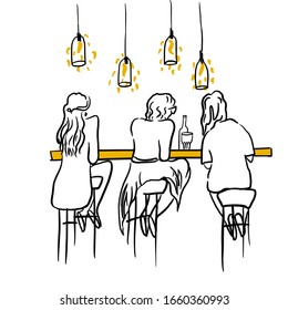 Three girls sitting in bar   chatting  Simple sketch for design  Illustration real life  View from back  People in cafe restaurant  Black line   yellow color splash Isolated people sketch