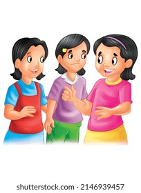 Three Girls Talking Each Other Cartoon Image Illustration