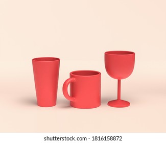 Three glasses with monochrome flat solid red color in white background, 3d Icon, 3D rendering, dinner table items