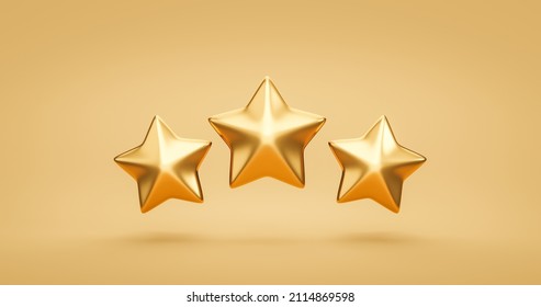 Three Gold Rating Star Symbol Of Customer Satisfaction Review Service Best Quality Ranking Icon Or Feedback Success Sign Award And Product Evaluation Rate On Golden 3d Background With Excellent Vote.