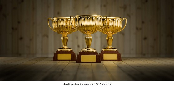 Three golden cubes on a wooden table as a reward. Three winner's cubes. Achievements. Victory. Goal achievement concept. Winner's certificate. Award for outstanding achievements. 3D rendering. - Powered by Shutterstock