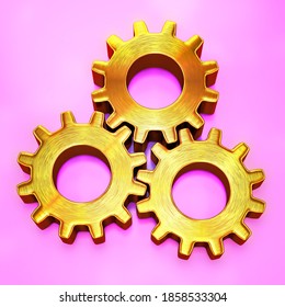 Three golden gear wheels on pink background. 3d illustration