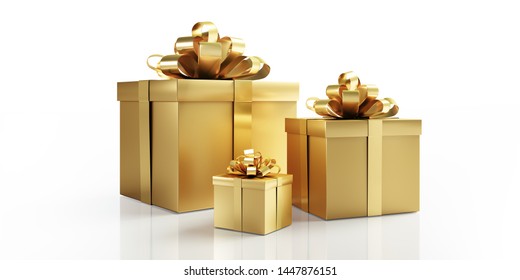 Three golden gift boxes with golden bow - 3D illustration - Powered by Shutterstock