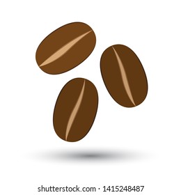 Three grains of coffee fall on a white background