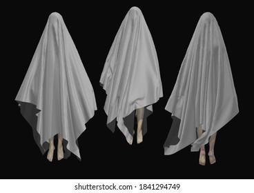 Three Gray Realistic Ghost Ghosts With Bare Feet Flying Dead On A Black Background, 3d Rendering