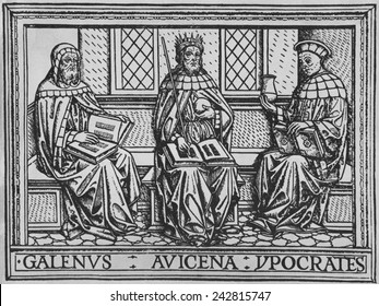 The Three Great Ancient Teachers Of Medicine: Galen (Roman), Avicenna (Persian), And Hippocrates (Greek). Woodcut From An Early 15th Century Latin Language Medical Book.