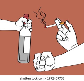 Three Hand Illustration Representing 3 Bad Habits Which Are Alcohol Consumption, Tobacco Use And Violence.