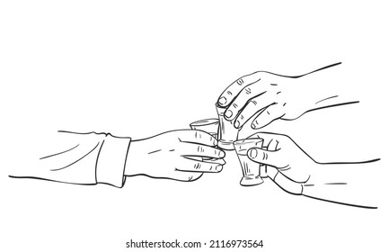 Three hands clinking shot glasses with alcohol drink, sketch Hand drawn illustration isolated black and white