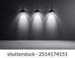 Three hanging metal lamps casting light spots on a dark grey studio background with a concrete floor. Concept of presentation or mockup. 3D Rendering