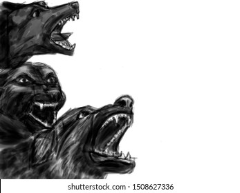 Three heads of aggressive dogs barking aggressively. 