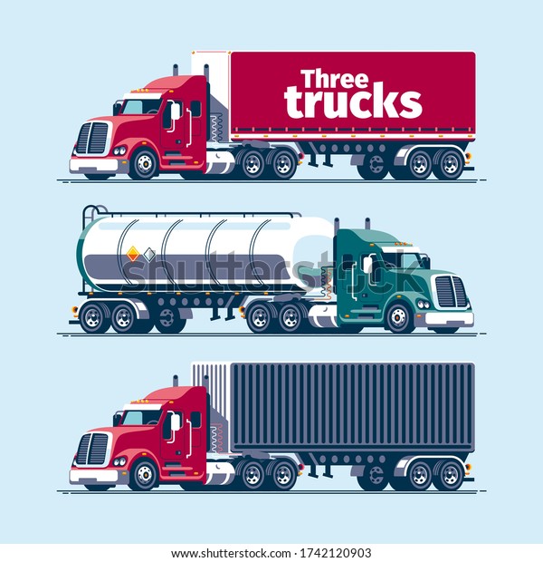 Three heavy trucks with\
different cargo trailers - tilt, tank, container. Blank vector\
template mockup.